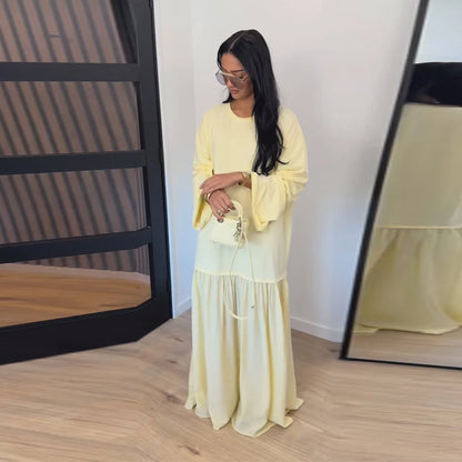 2026 Summer New Loose Patchwork Dresses Women's Pleated Fashion Short Sleeve O-neck Long Robes Female Elegant Casual Dress