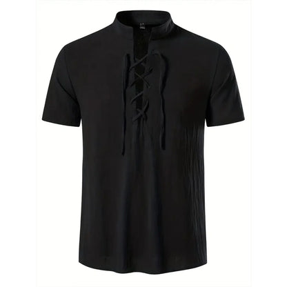 Men's Retro Shirt Short Sleeve Cotton Linen Lightweight Breathable Solid Color Fashion Tops Pirate V-neck Male Stylish Shirs