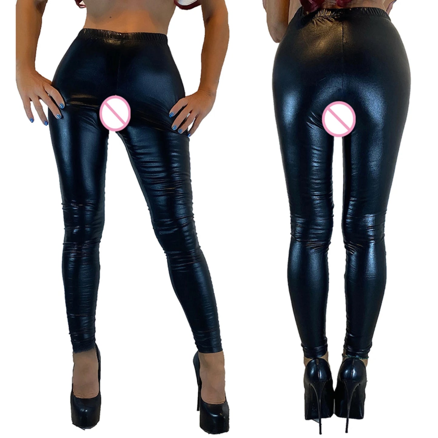 Women Leather Crotchless Open Crotch Leggings Sexy Fetish Pants