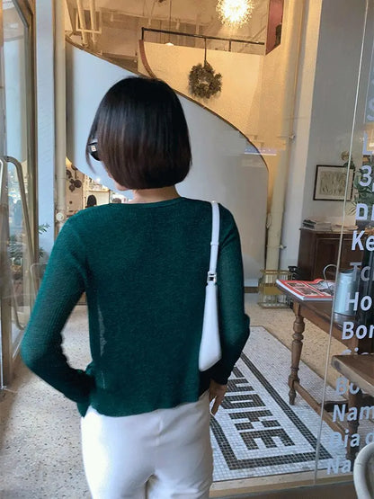 Women Shiny Gold Thread Spring Summer Ice Silk Knitted Cardigan Ribbed Pearl Button Sun Protection Top V-neck Ice Silk Knitwear