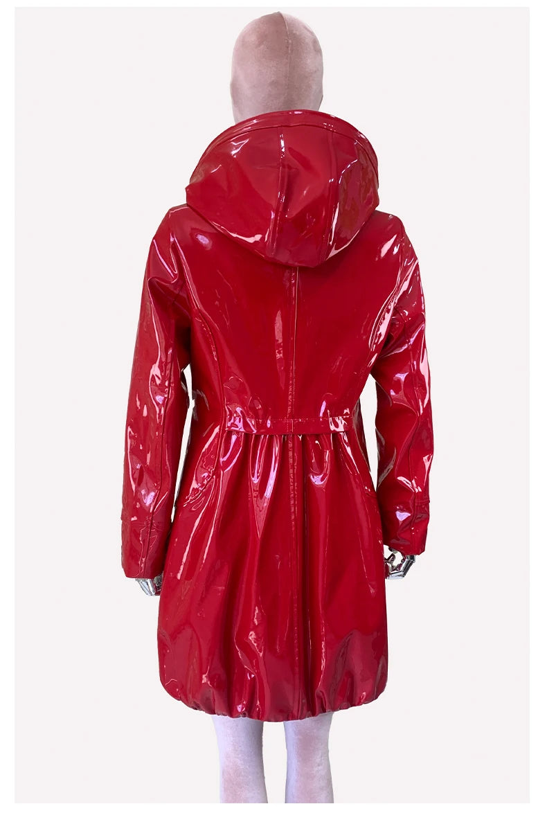 Nerazzurri Spring Fitted Waterproof Shiny Reflective Black Patent Faux Leather Jacket Women with Hood Zipper Red Autumn Clothes