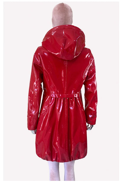 Nerazzurri Spring Fitted Waterproof Shiny Reflective Black Patent Faux Leather Jacket Women with Hood Zipper Red Autumn Clothes