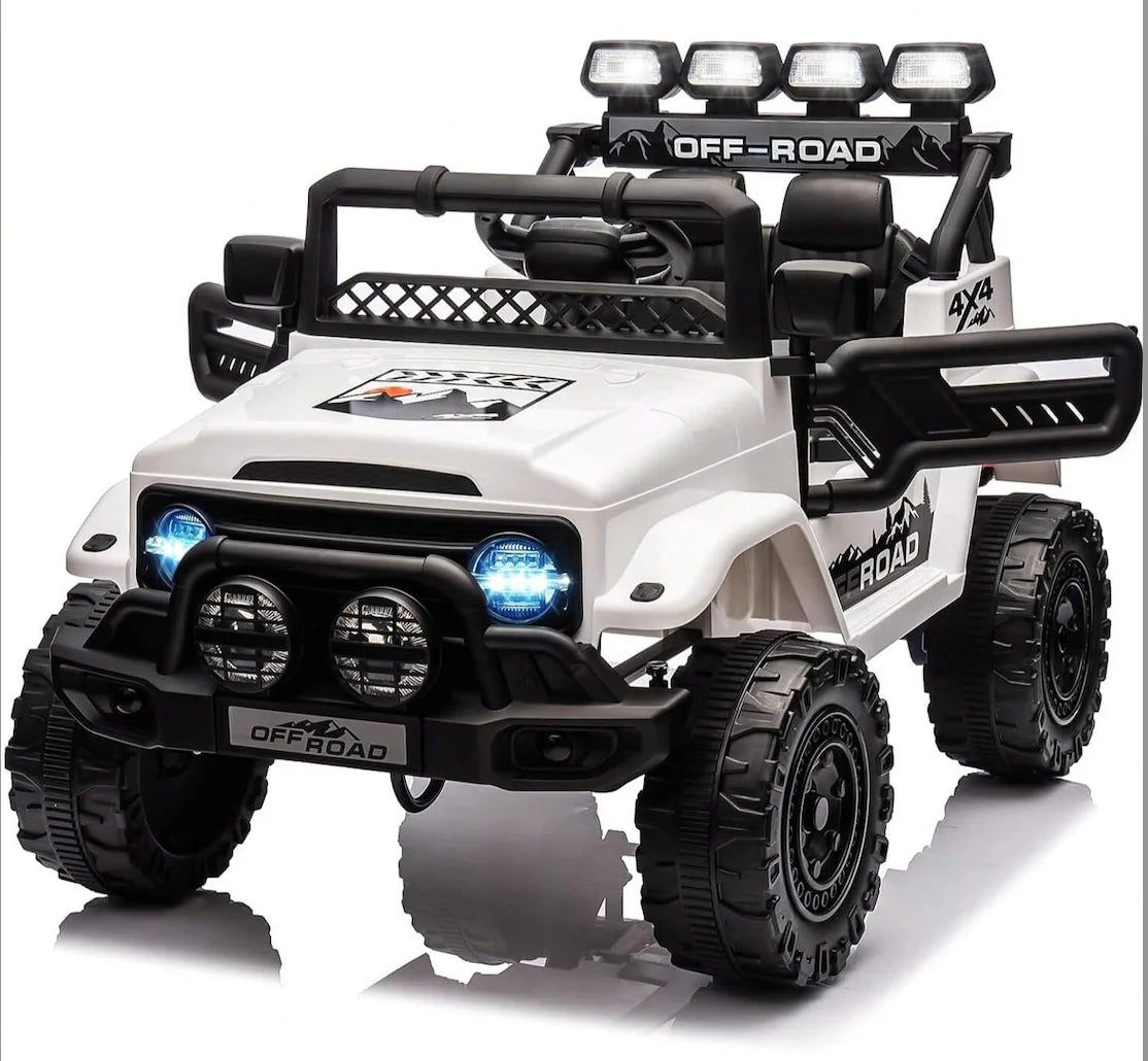 HAUSPROFI 12V Off-Road Ride-On Electric Car Toys for 3+ Years,With LED Lights,Remote Control,Seat Belt ,Bluetooth, 3-Speeds, Suspension