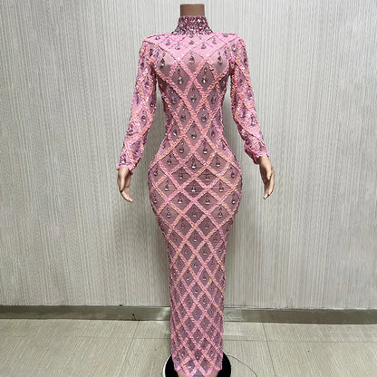 Sparkly Silver Big Rhinestone Transparent Long Dress Evening Birthday Celebrate Luxurious Costume Dancer Flashing Dress