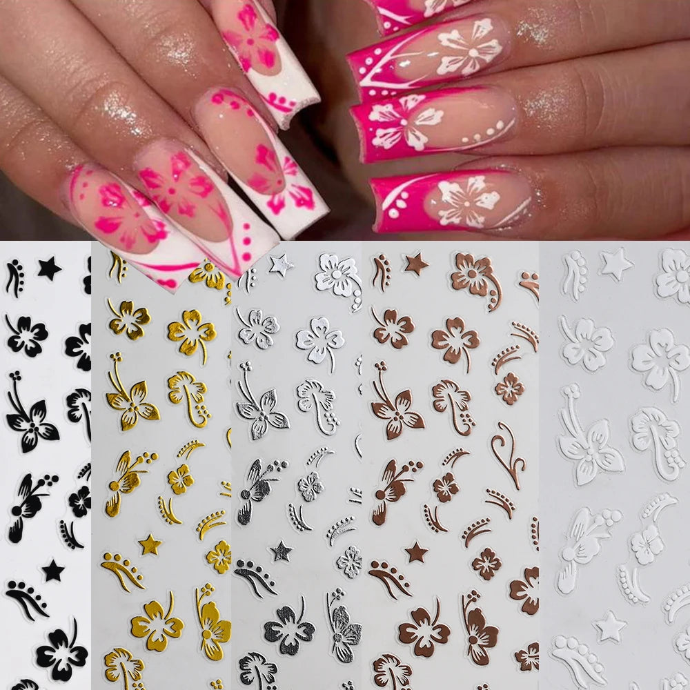 5D Hibiscus Flower Nail Embossed Sticker Lace Flower White Pink Petal Floral Self Adhesive Nail Art Slider DIY Elegant Romantic