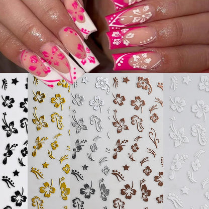 5D Hibiscus Flower Nail Embossed Sticker Lace Flower White Pink Petal Floral Self Adhesive Nail Art Slider DIY Elegant Romantic