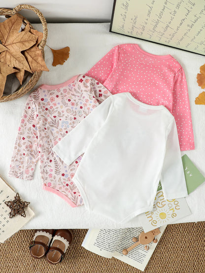 3Pces Autumn Long Sleeve  Baby Bodysuit Girl  Clothes New Print Floral Clothing Jumpsuit Cartoon Infant Outfits Casual