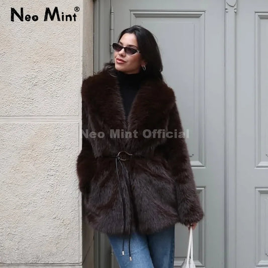 Neo Mint Chic Brand Fashion Brown Belted Faux Fur Coat Women 2025 Winter Thick Warm Long Fox Fur Jacket Girls Furry Overcoat