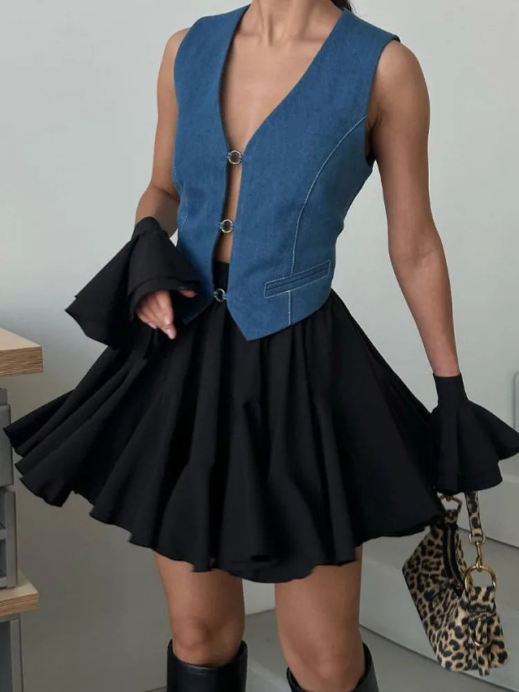 White Ruffles Elegant Mini Skirts Fashion 2025 Women High Waist Pleated Fluffy A-Line Skirt Summer Loose Communte Female Clothes