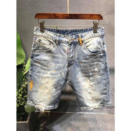 Summer Trendy Brand Handsome Denim Shorts Men's Washed Embroidered Patch Trendy Short Pants Ripped Slim-fit Elastic Middle Pants