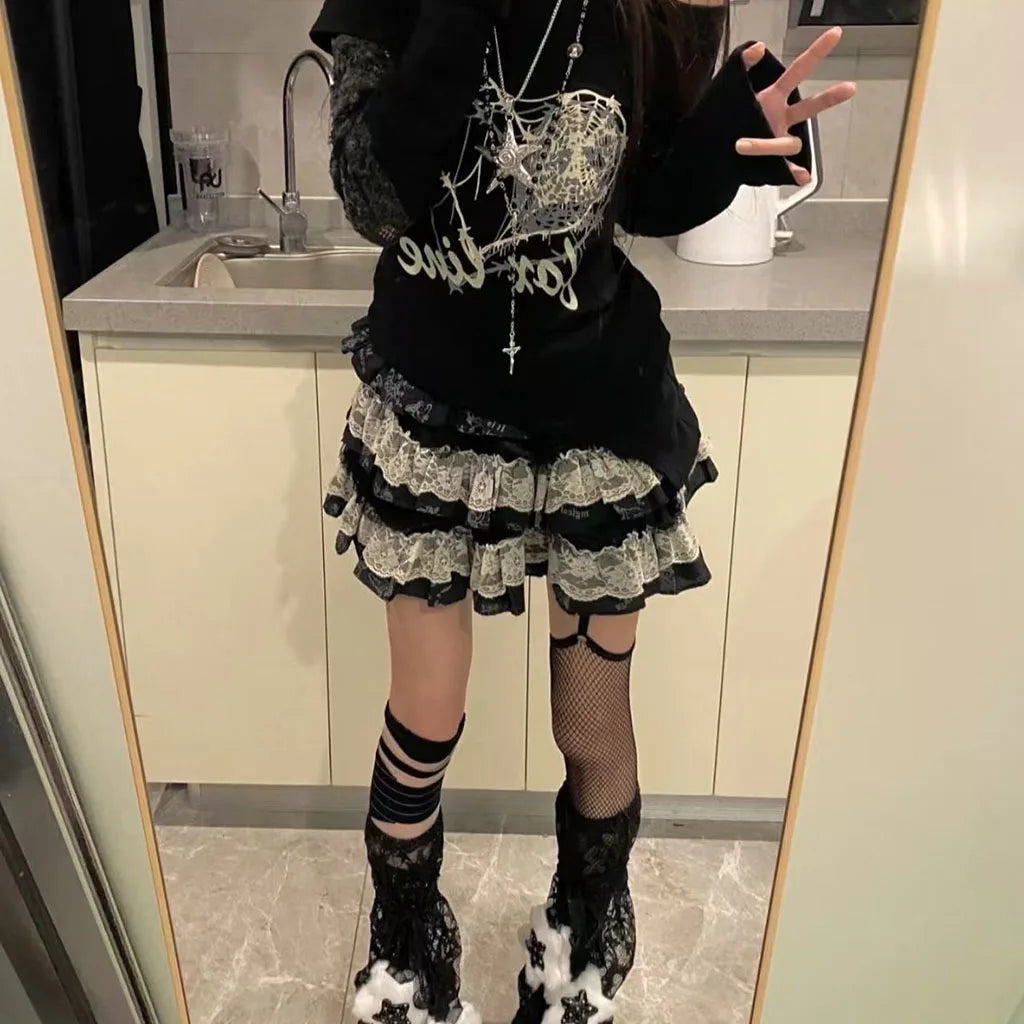 Y2K Punk Gothic Lace Tiered Skirt Women High Waist Ruffle Mini Skirt Harajuku Streetwear Alternative Fashion Short Skirt