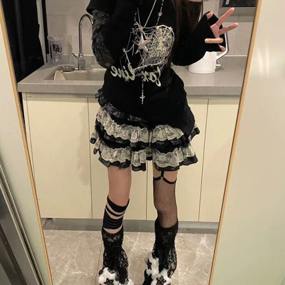 Y2K Punk Gothic Lace Tiered Skirt Women High Waist Ruffle Mini Skirt Harajuku Streetwear Alternative Fashion Short Skirt