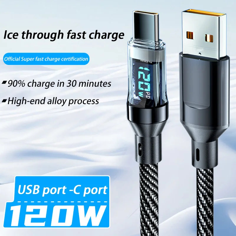 120W Cable Dual Digital Display Cable PD Fast Charging Highspeed Data Transfer USB Type C To Type-C Cable For Phone Macbook iPad