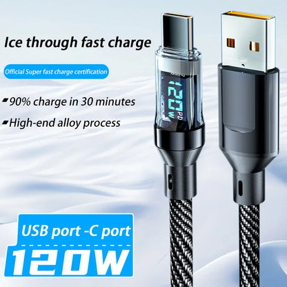120W Cable Dual Digital Display Cable PD Fast Charging Highspeed Data Transfer USB Type C To Type-C Cable For Phone Macbook iPad