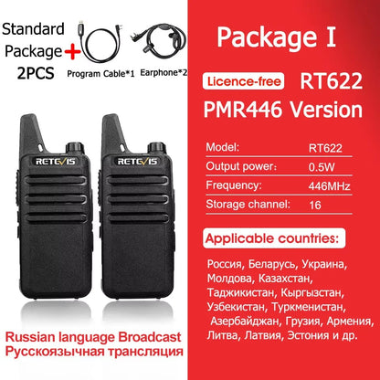 Retevis RT622 Mini Walkie Talkie 2pcs PMR446 Portable Two-way Radio PTT Walkie Talkies Communication Radio for Restaurant Hotel