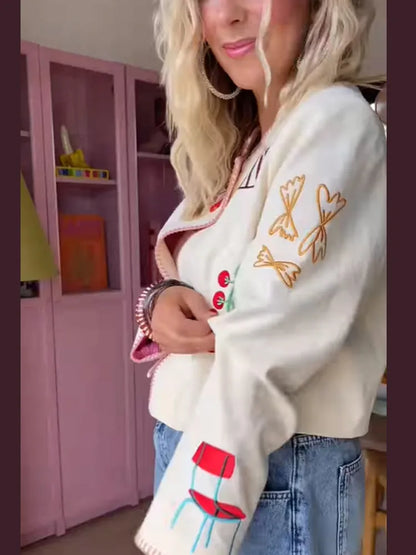 Embroidered Print Cropped Woolen Jacket Women Casual O Neck Full Sleeve Outwear 2025 Autumn Lady Daily Commuting Street Jackets