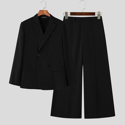 INCERUN Men Sets Solid Color Double Breasted Long Sleeve Blazer & Pants Two Pieces Sets Streetwear Fashion Casual Men's Suits