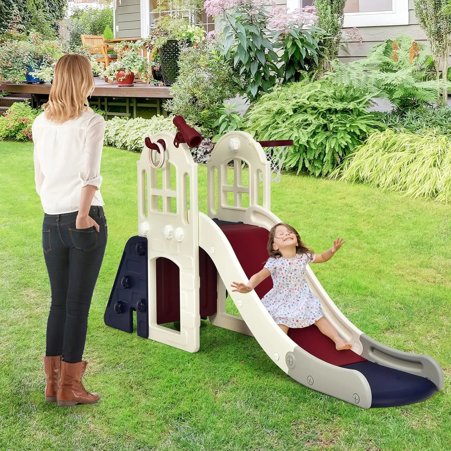 Children's Slide,6-in-1 Children's Slide&Ladder&Basketball Hoop&Throw Ring&Telescopic&Tunnel,Children's Playground