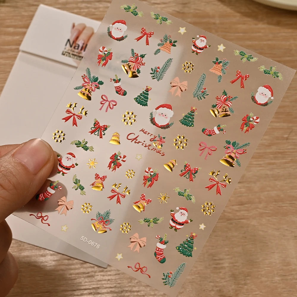 5D Embossed Gold Castle/Garland/Christmas Tree Nail Stickers White Snowflakes Bow Star Nail Decals Self-Adhesive Xmas Nail Decor