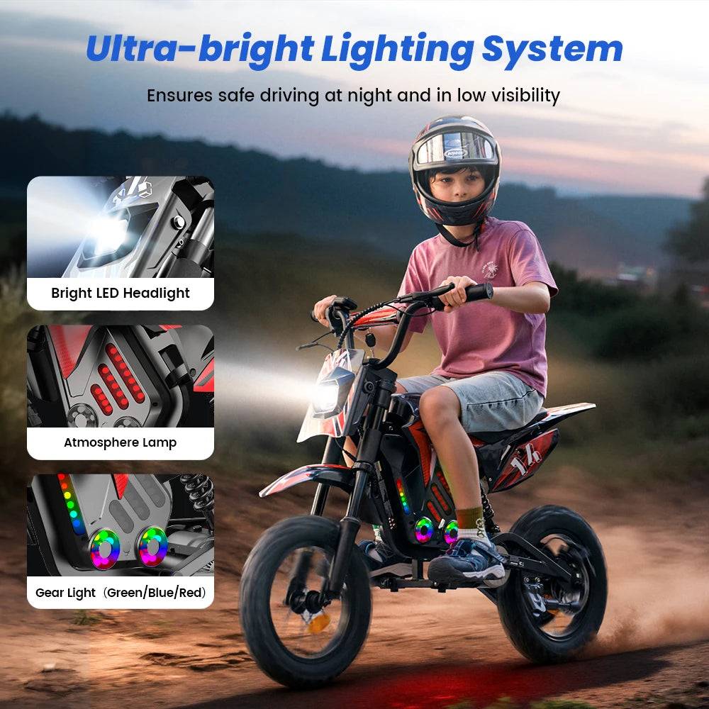 A14 Kids E-Moto Toy 500W Motor 22km Range 36V5.2Ah Battery 3 Speeds(27km/h) Dual Brakes Shock Absorbers Lights for Outdoor Fun