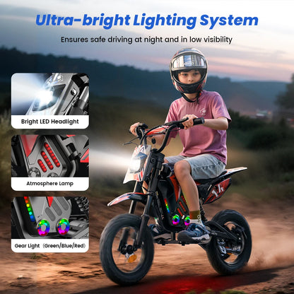 A14 Kids E-Moto Toy 500W Motor 22km Range 36V5.2Ah Battery 3 Speeds(27km/h) Dual Brakes Shock Absorbers Lights for Outdoor Fun