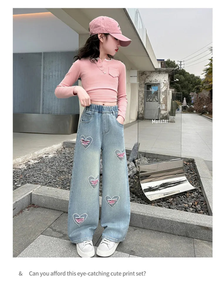 New 4-14 Years Spring Autumn Teenage Girls Jeans Full Print Bow Embroidery Fashion Wide-leg Denim Pants For Kids