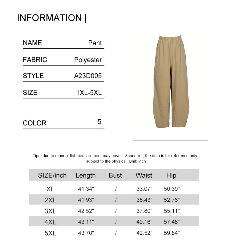 Plus Size Women's Cotton-Linen Harem Trousers Retro Loose-Fit Casual Trousers Elasticated Waistband Workwear Wide-Leg Trousers