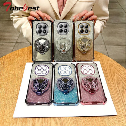 Glitter Butterfly Mirror Crystal Bracelet Case For Xiaomi Redmi Note 15 15C 14 14C 13 13C 12 11 Pro Plus 4G 5G Shockproof Cover