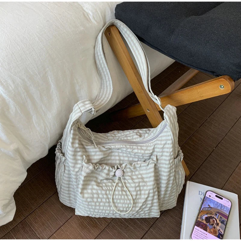 Korean Nylon Shoulder Bag Fashion Simple Plaid Zipper Tote Bag Drawstring Pleated Cloud Bag New Commuter Crossbody Shoulder Bag