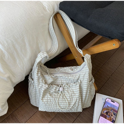 Korean Nylon Shoulder Bag Fashion Simple Plaid Zipper Tote Bag Drawstring Pleated Cloud Bag New Commuter Crossbody Shoulder Bag