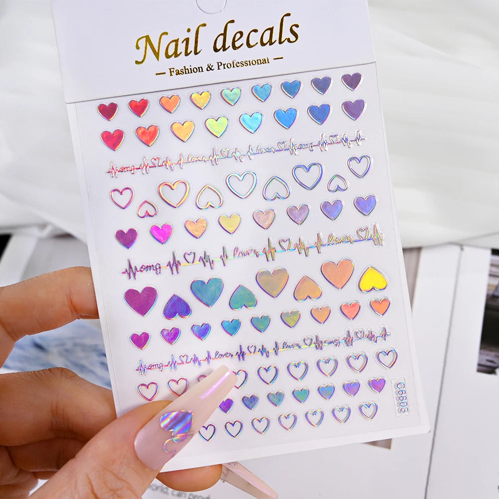 1pcs 3D Bronzing Gold Love Heart Nail Art Stickers Y2K Holographic Stars Sun Starlight DIY Nail Decals Heart Manicure Decoration