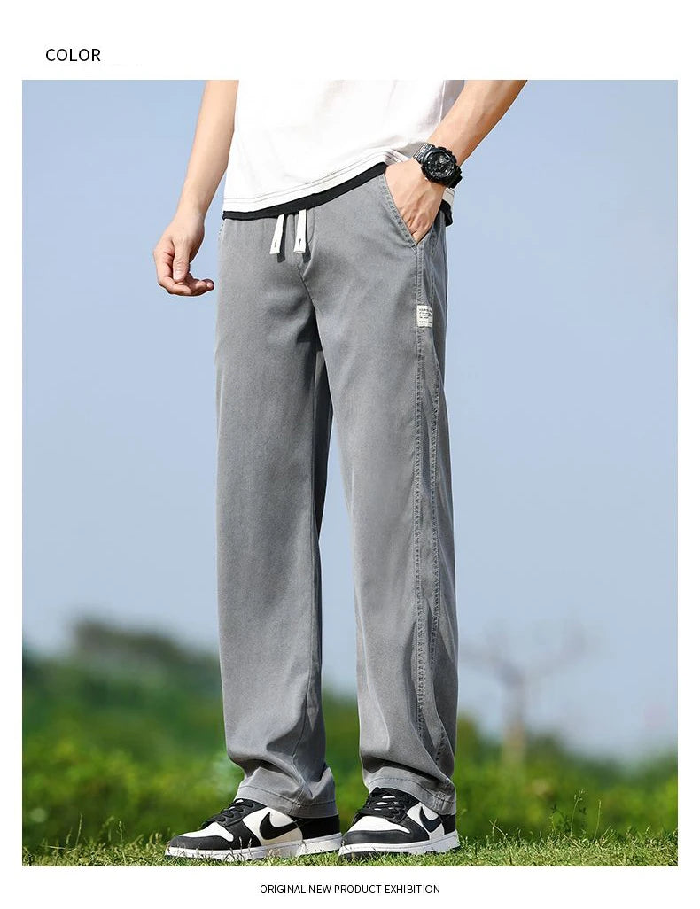 Men's Summer Soft Lyocell Fabric Jeans Thin Loose Straight Denim Pants Drawstring Elastic Waist Casual Trousers Plus Size M-5XL
