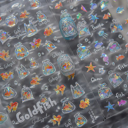Colorful Bagful Jellyfish Bubbles Swimming Rings Rainbow Stars Ocean Starfish Self Adhesive 5D Nail Art Sticker Manicure Decal