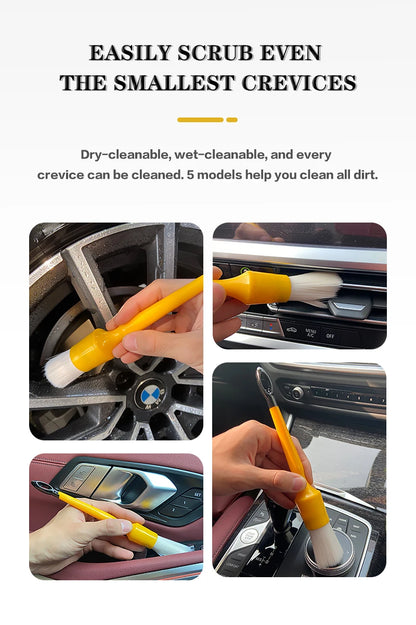 Lucullan Durable But Not Hard 5 PCS Set PBT White Plastic Hair Interior and Wheels Cleaning Tools Car Detailing Brush
