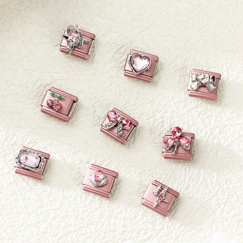 2025 New Women Romantic Pink Cherry Heart Shiny CZ Italian Charm Links Fit 9mm Bracelet Stainless Steel DIY Making Jewelry Gifts