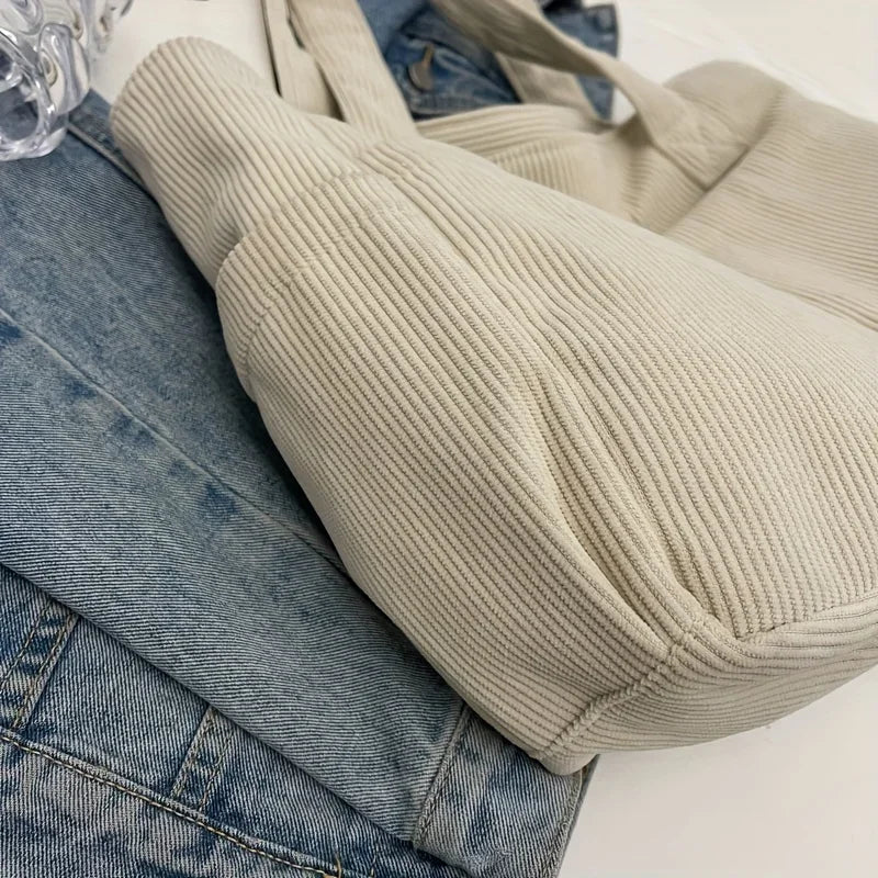 Large Capacity Women's Corduroy Tote Bag Casual Striped Shoulder Bag with Fixed Straps Zipper Handbag for Daily Commuting