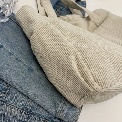 Large Capacity Women's Corduroy Tote Bag Casual Striped Shoulder Bag with Fixed Straps Zipper Handbag for Daily Commuting