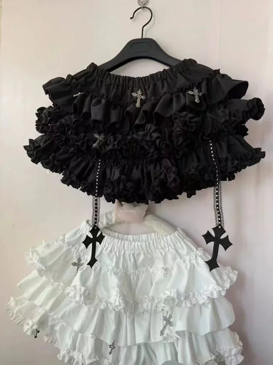 Y2k Gothic Elastic Waist Cross Short Skirt Women Sweet Hot Girl Chic High Waist Ruffle Skirts Female Design Retro Cake Skirt New