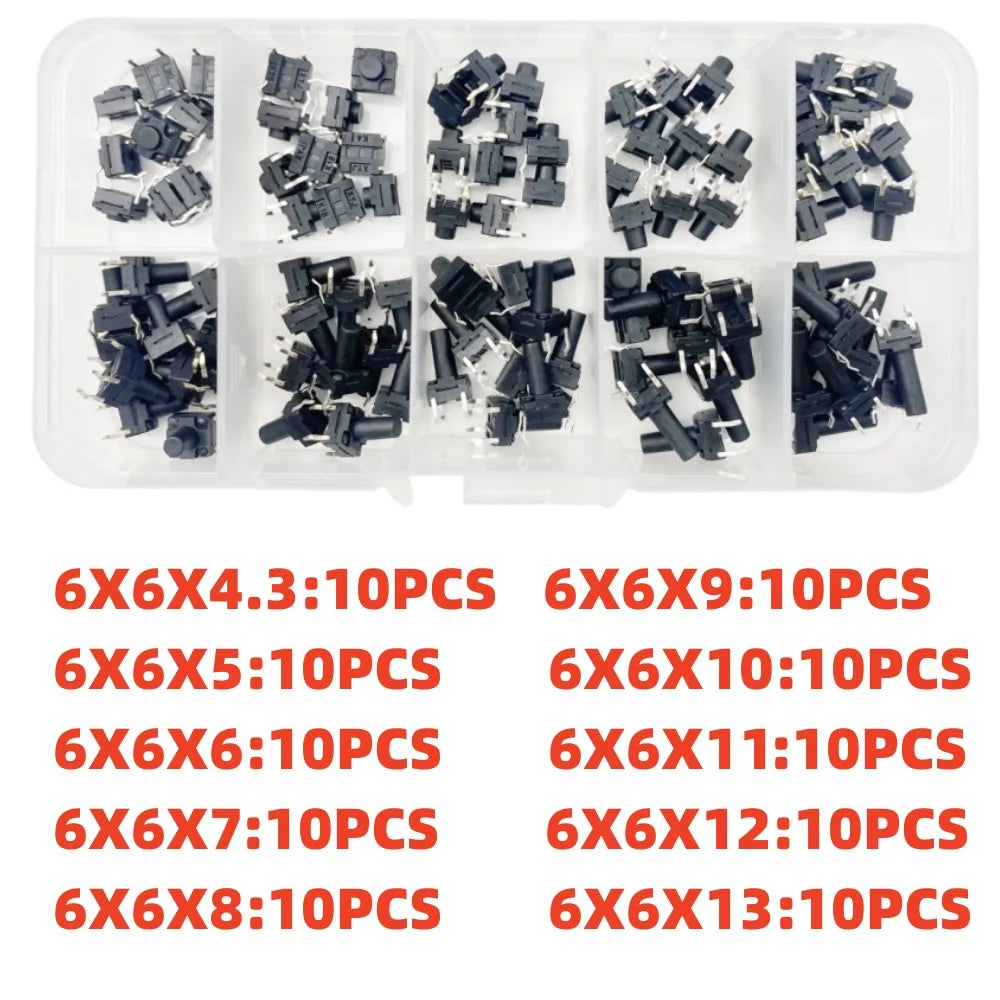10 Models =100Pcs 6*6 Light Micro Touch Switch Set Push Button Switch Kit Height: 6*6*4.3MM~13MM  DIP SMD 2P/4P 6x6 Keys Tact