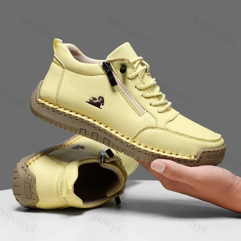 Women Sports Shoes 2026 New Outdoor Hiking Flat Bottomed Comfortable Casual Driving Shoes Soft Sole Zipper Fashion Leather Shoes