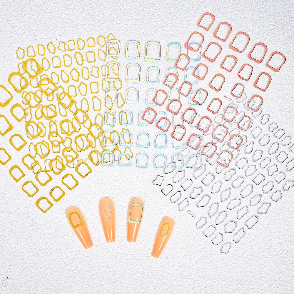 1Pc 3D Gold Hollow Irregular Geometric Nail Stickers Holo Metal Frame Gold/Silver Decals Square Self Adhesive Sliders Nail Deco