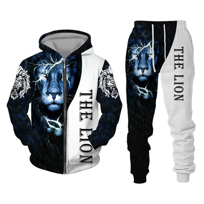 Spring and Autumn Men's Tracksuit 3D The Lion Print Zipper Hoodies Sweatshirts Pants Sets Casual Mens Clothing Women's Tracksuit