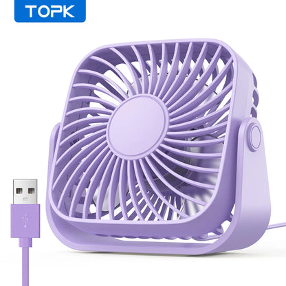 TOPK 4 colių USB mini nešiojamasis ventiliatorius stovyklavimui, 3 greičių tylus stalinis asmeninis ventiliatorius, 360° reguliuojamas pastatomas ventiliatorius kambariui, namams