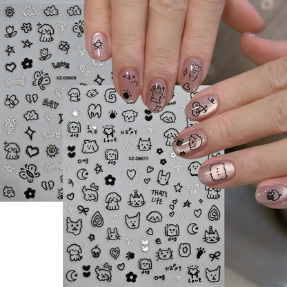 12pcs/set Cute Cartoon Dog/Cat Nail Art Stickers 3D Graffiti Black Cat Dog  Nail Decals 8*10cm Self-Adhesive Cartoon Nail Art Su