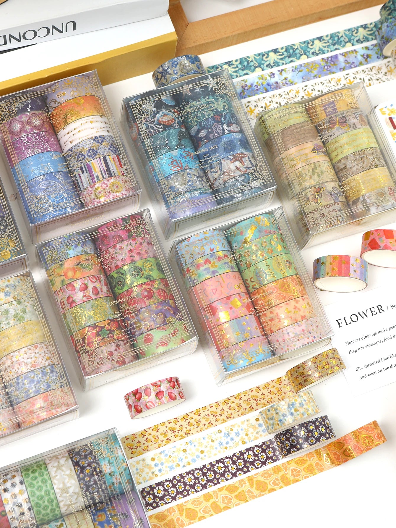 Creative Floral Hot Foil Washi Tape Set,12 Rolls Decorative Masking Tape for Scrapbooking,Journaling,DIY Gift Supplies