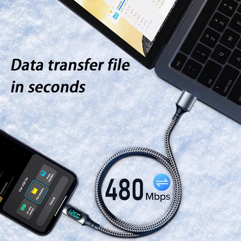 120W Cable Dual Digital Display Cable PD Fast Charging Highspeed Data Transfer USB Type C To Type-C Cable For Phone Macbook iPad