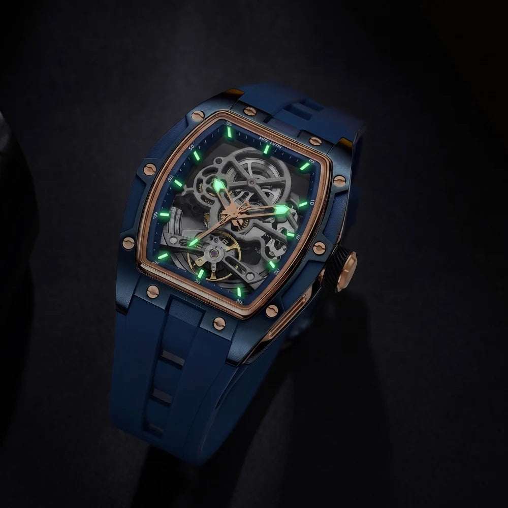 MEGIR Tonneau Skeleton Mechanical Watch Men Sport Wristwatch Silicone Strap Luxury Hollow Dial Male Automatic Mechanical Watches