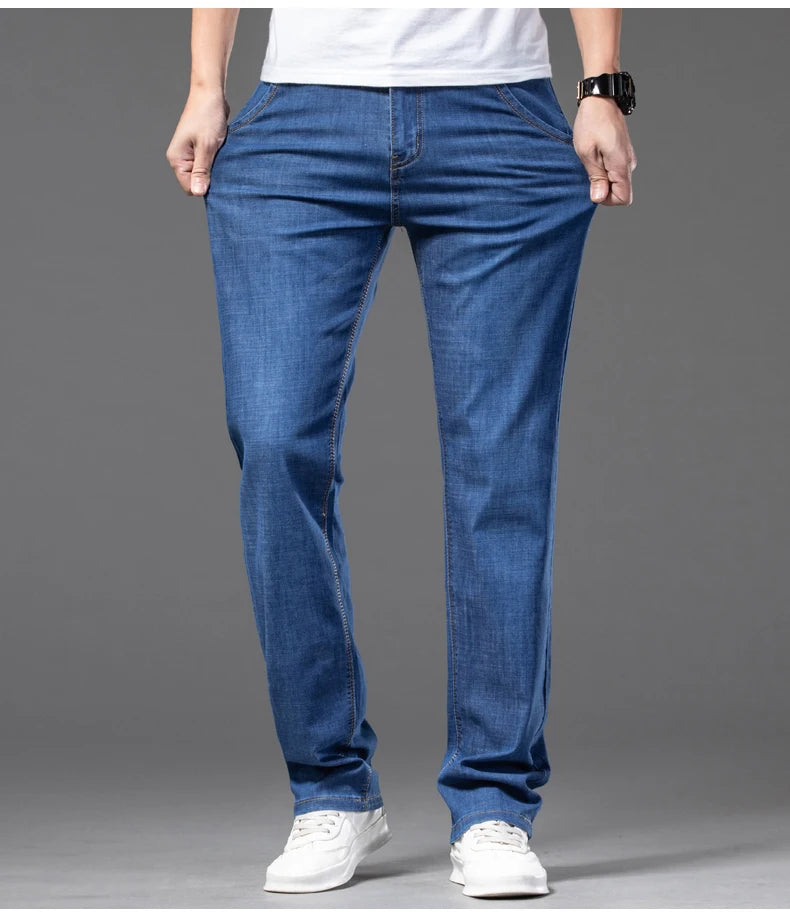 Plus Size 28-42 Men's Jeans Spring Summer Thin Business Classic Stretch Straight Denim Pants Male Brand Casual Loose Trousers