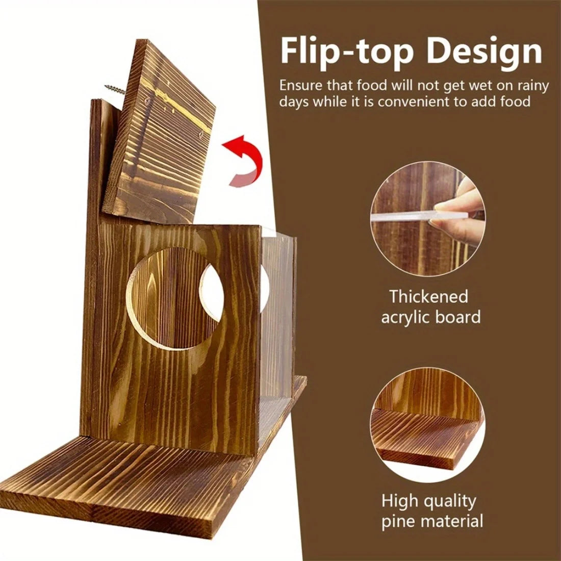 Squirrel Feeder Wooden Construction with Transparent Window Top Cover 2 Side Holes