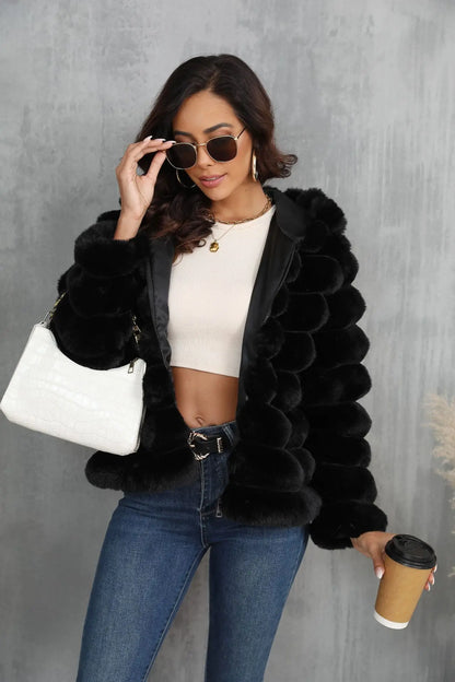 2026 Faux Fur Women Coats Hooded Full Sleeve Short Coat Zipper Thick Warm Solid Temperament Elegant Splice Autumn Winter
